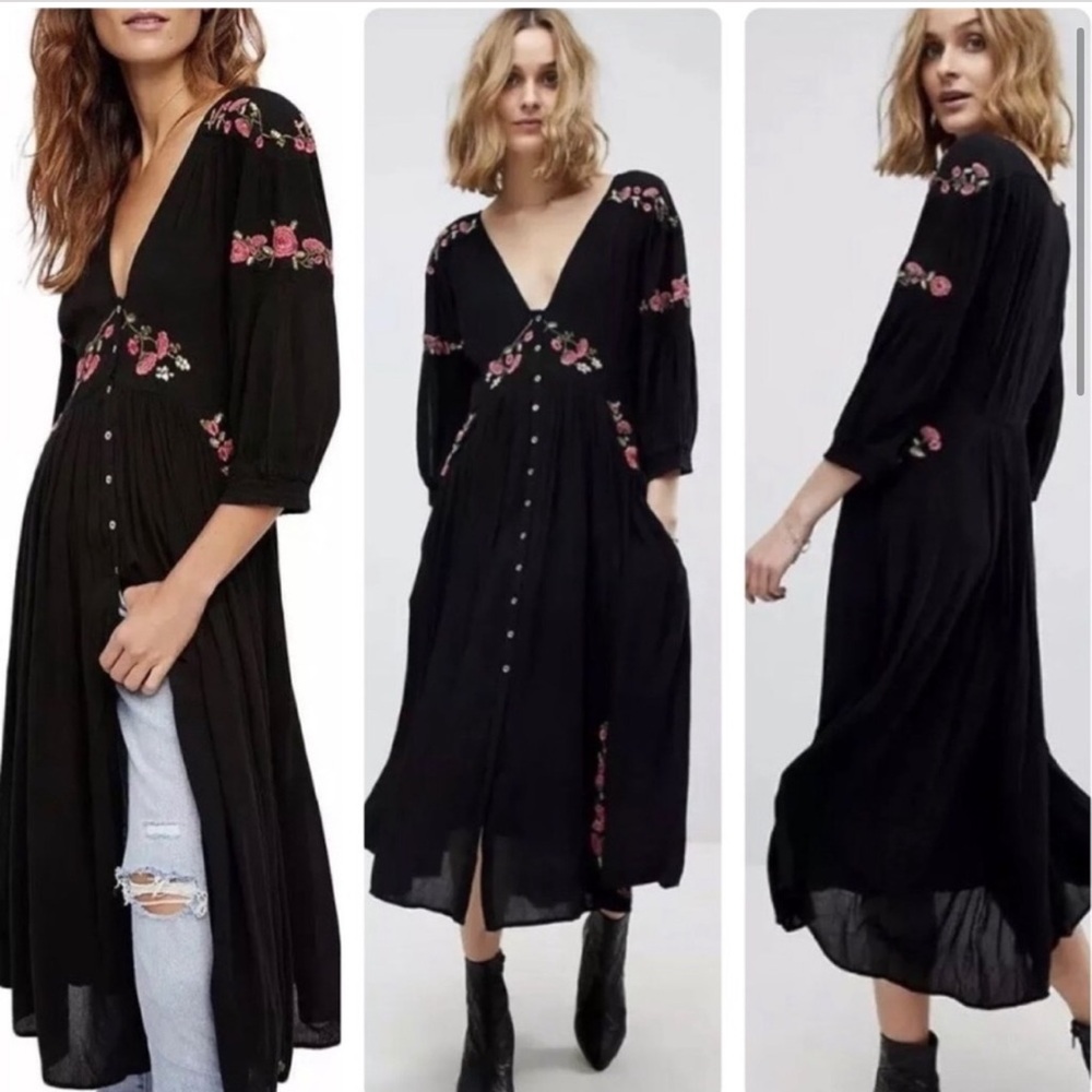 Free People Day Glow Black Floral Buttoned Down Embroidered Midi Dress